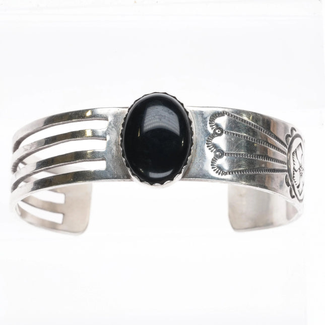 6.8" Lee Begay Navajo sterling silver hand stamped Onyx cuff bracelet - Estate Fresh Austin