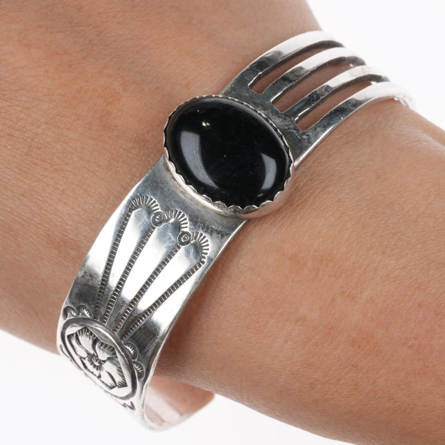 6.8" Lee Begay Navajo sterling silver hand stamped Onyx cuff bracelet - Estate Fresh Austin