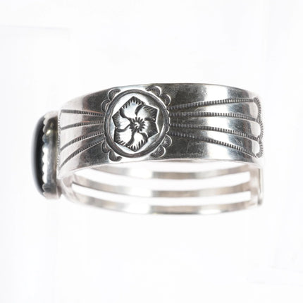 6.8" Lee Begay Navajo sterling silver hand stamped Onyx cuff bracelet - Estate Fresh Austin