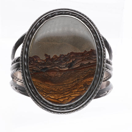 6.5" Vintage Navajo sterling silver twisted wire picture jasper cuff bracelet - Estate Fresh Austin