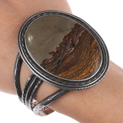 6.5" Vintage Navajo sterling silver twisted wire picture jasper cuff bracelet - Estate Fresh Austin