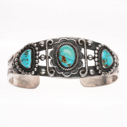 6.1" c1940's Navajo 3 stone turquoise hand stamped sterling silver cuff bracelet - Estate Fresh Austin