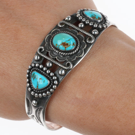 6.1" c1940's Navajo 3 stone turquoise hand stamped sterling silver cuff bracelet - Estate Fresh Austin