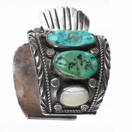 7.7" Vintage Navajo sterling silver, turquoise, shell, onyx watch cuff bracelet