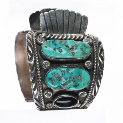 7.7" Vintage Navajo sterling silver, turquoise, shell, onyx watch cuff bracelet