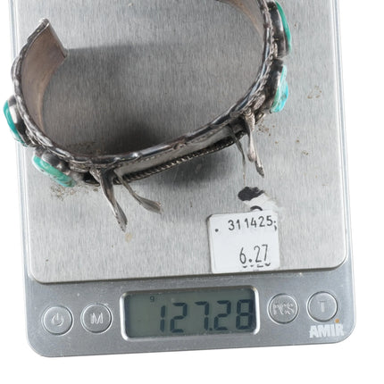 7.7" Vintage Navajo sterling silver, turquoise, shell, onyx watch cuff bracelet