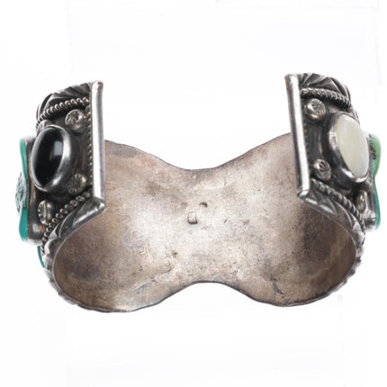 7.7" Vintage Navajo sterling silver, turquoise, shell, onyx watch cuff bracelet