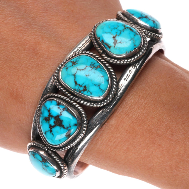 6.5" c1965 Vintage Navajo sterling silver 5 stone turquoise row cuff bracelet