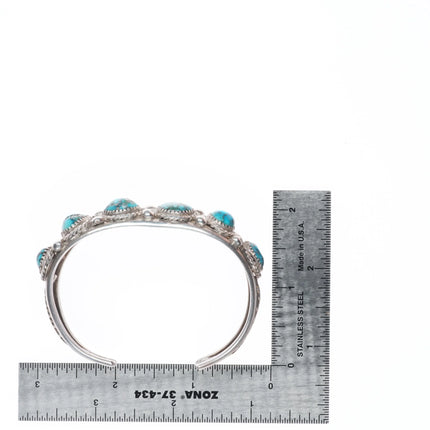 6.8" 1950's Morenci Spiderweb turquoise Navajo sterling silver row cuff bracelet