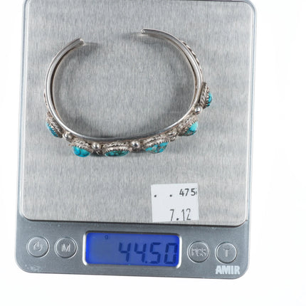 6.8" 1950's Morenci Spiderweb turquoise Navajo sterling silver row cuff bracelet