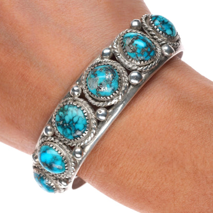 6.8" 1950's Morenci Spiderweb turquoise Navajo sterling silver row cuff bracelet