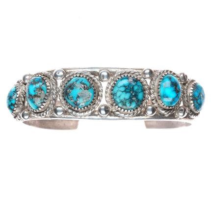 6.8" 1950's Morenci Spiderweb turquoise Navajo sterling silver row cuff bracelet