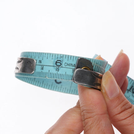 6.25" c1950 Zuni Carved turquoise row cuff bracelet sterling silver stamped side