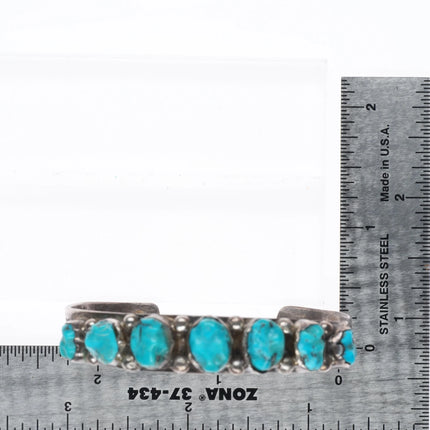 6.25" c1950 Zuni Carved turquoise row cuff bracelet sterling silver stamped side