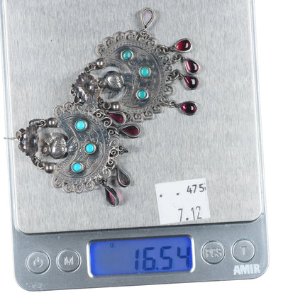 Federico Jimenez Sterling silver, turquoise, garnet Frida Kahlo style earrings