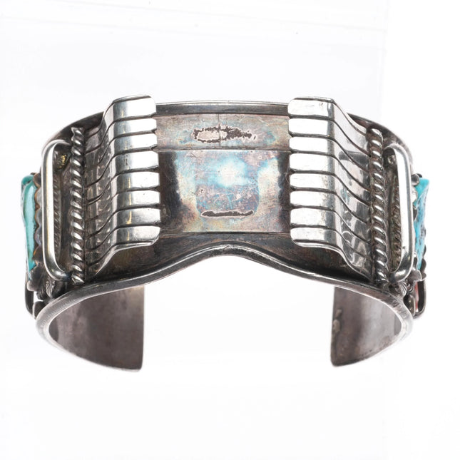 7.35" Vintage Zuni sterling silver, turquoise, coral large watch cuff bracelet