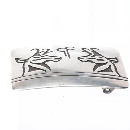 Virgil Thomas Hopi Overlay 2 rams belt buckle sterling silver
