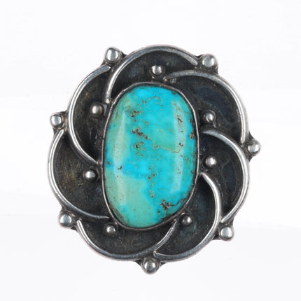 sz6.5 Vintage Navajo sterling silver turquoise ring w/ swirly rim