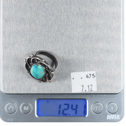 sz6.5 Vintage Navajo sterling silver turquoise ring w/ swirly rim