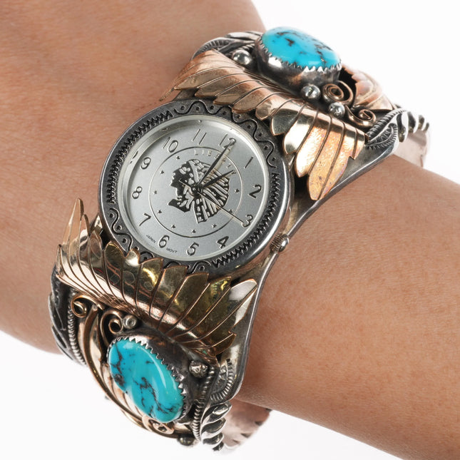 7" JAG Sterling silver gold filled turquoise, coral watch cuff bracelet