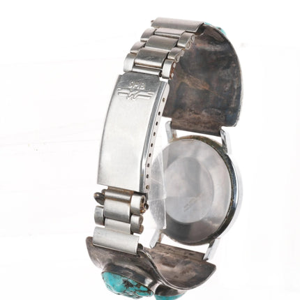 7" Navajo Hand Stamped sterling silver turquoise watch tips w/Timex windup