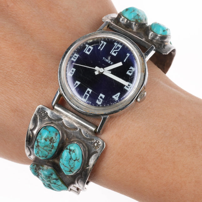 7" Navajo Hand Stamped sterling silver turquoise watch tips w/Timex windup