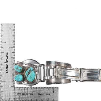 7" Navajo Hand Stamped sterling silver turquoise watch tips w/Timex windup