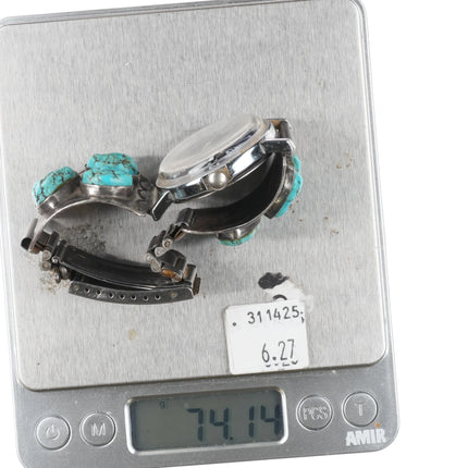 7" Navajo Hand Stamped sterling silver turquoise watch tips w/Timex windup