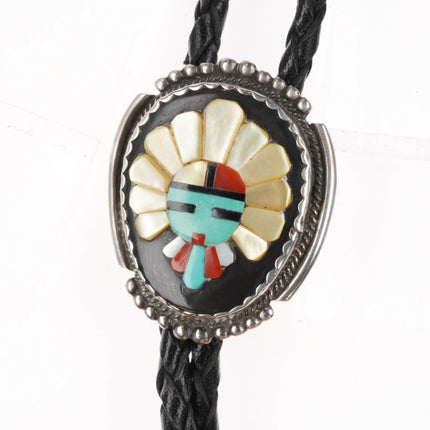 Vintage Bev Etsate Zuni sterling silver raised intarsia inlay kachina bolo tie