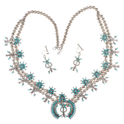 Weeka Zuni needlepoint turquoise squash blossom necklace/earring sterling silver