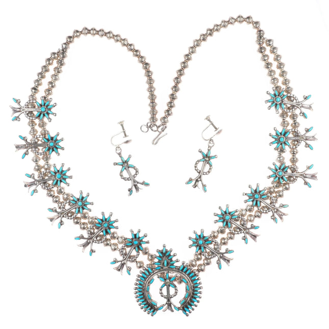 Weeka Zuni needlepoint turquoise squash blossom necklace/earring sterling silver