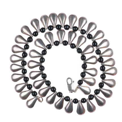 16" Retro Taxco Mexican sterling silver onyx beaded tab choker necklace