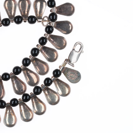 16" Retro Taxco Mexican sterling silver onyx beaded tab choker necklace