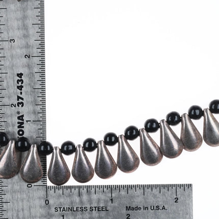 16" Retro Taxco Mexican sterling silver onyx beaded tab choker necklace