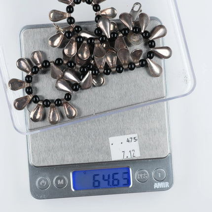 16" Retro Taxco Mexican sterling silver onyx beaded tab choker necklace