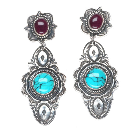 David Reeves Navajo sterling silver, turquoise, purple spiny oyster earrings