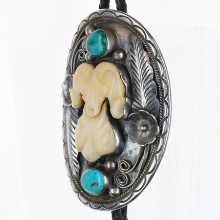 c1970 RB Vintage Navajo sterling silver, turquoise carved bone ram bolo tie