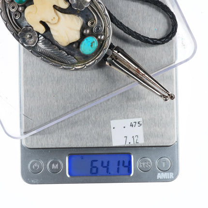 c1970 RB Vintage Navajo sterling silver, turquoise carved bone ram bolo tie