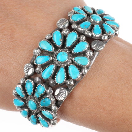 6.1" c1950 Vintage Zuni sterling silver turquoise cluster cuff bracelet