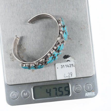 6.1" c1950 Vintage Zuni sterling silver turquoise cluster cuff bracelet