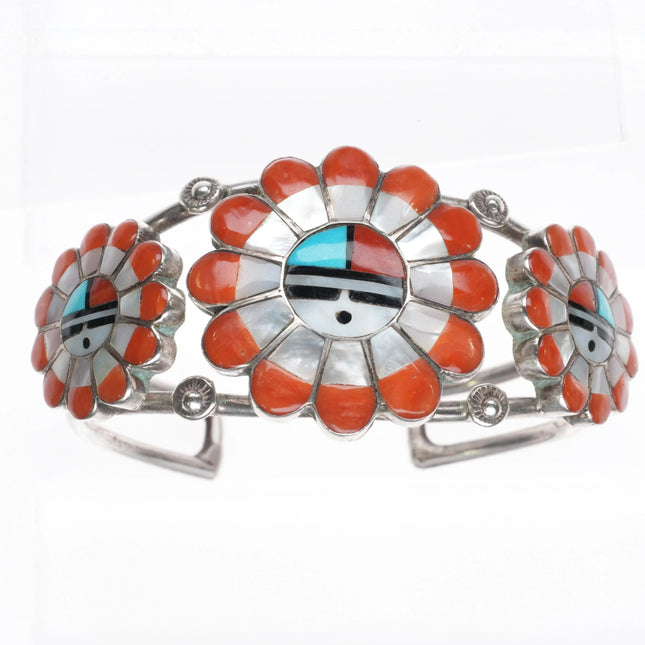 6" Morris Laahte Zuni Vintage sterling silver, coral-shell sunface cuff bracelet