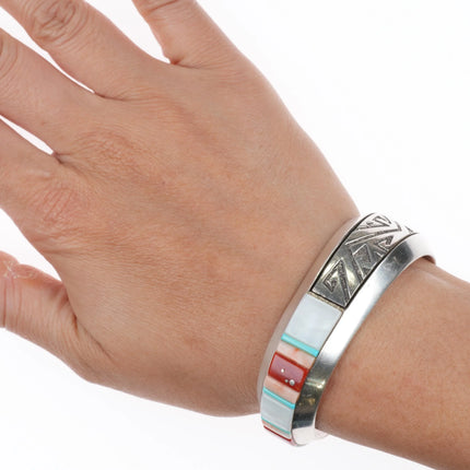 6" Richard Tsosie Navajo sterling silver, coral, shell, turquoise cuff bracelet