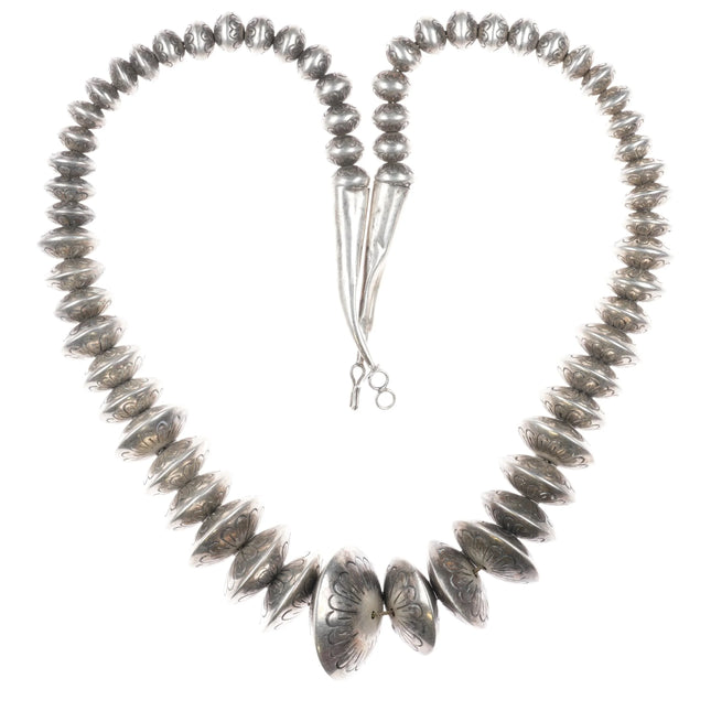27.5" Big Charlie John Navajo Pearl hand stamped sterling silver beaded necklace
