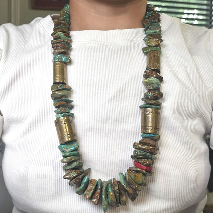 Tony Aguilar Sr (Kewa) Oversized turquoise/brass barrel bead necklace/earrings