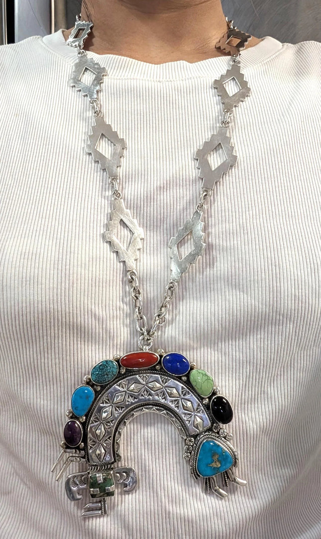 Huge Esther Wood Navajo sterling silver multi-stone Yei pendant/necklace
