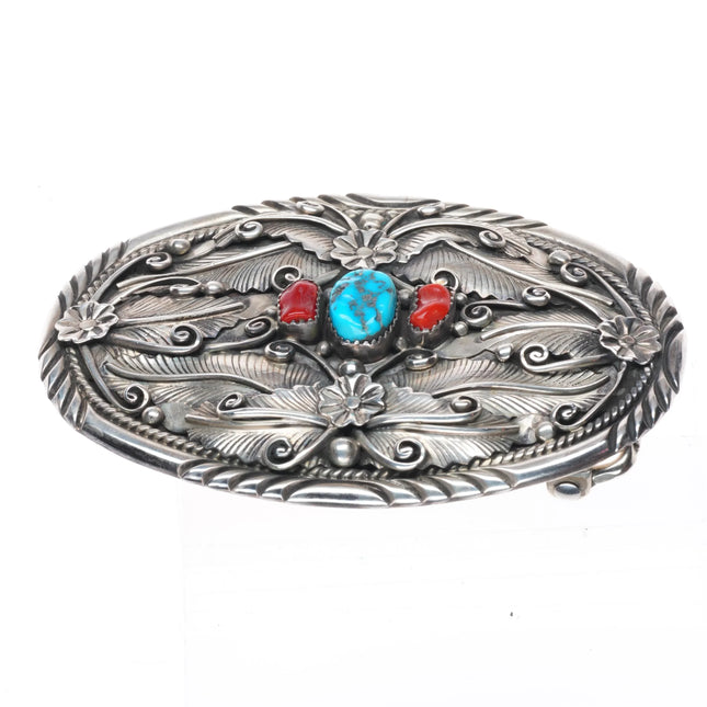 Large Vintage Ray Begay Navajo sterling silver, turquoise/coral belt buckle