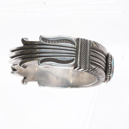 6" Ron Bedonie Navajo heavy stamped sterling silver turquoise cuff bracelet