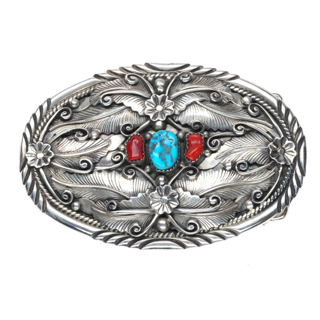 Large Vintage Ray Begay Navajo sterling silver, turquoise/coral belt buckle