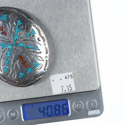 Fred Baca Navajo sterling silver vintage chip inlay belt buckle