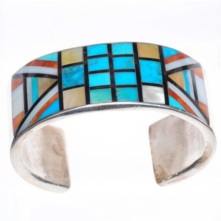 6.5" c1970's Zuni sterling silver multi-stone turquoise inlay cuff bracelet